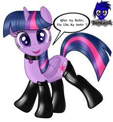 Size: 3840x4154 | Tagged: safe, artist:damlanil, twilight sparkle, alicorn, pony, g4, boots, clothes, collar, cute, female, horn, latex, looking at you, makeup, mare, raised hoof, rubber, shiny, shiny mane, shoes, show accurate, simple background, smiling, solo, talking to viewer, transparent background, twiabetes, twilight sparkle (alicorn), vector, wings