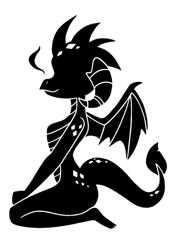 Size: 861x1185 | Tagged: safe, artist:timmy_22222001, edit, princess ember, dragon, anthro, g4, decal, female, kneeling, silhouette, simple background, solo, tattoo, transparent background