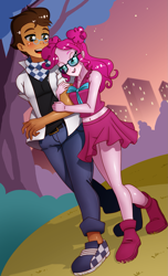 Size: 1259x2066 | Tagged: safe, artist:chacrawarrior, pinkie pie, oc, oc:copper plume, equestria girls, g4, belly button, belt, blushing, bow, canon x oc, clothes, commission, commissioner:imperfectxiii, copperpie, date, female, freckles, glasses, grass, holding arm, jacket, jeans, lidded eyes, male, midriff, neckerchief, open mouth, pants, park, shipping, shirt, shoes, skirt, sky, skyscraper, smiling, sneakers, straight, sunglasses, tree, walking