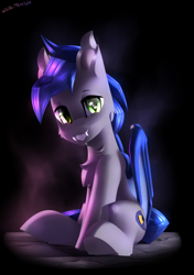 Size: 1900x2700 | Tagged: safe, artist:shido-tara, oc, oc only, oc:night vision, bat pony, pony, bat pony oc, bat wings, cute, fangs, gift art, looking at you, simple background, sitting, smiling, solo, wings