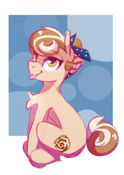 Size: 620x877 | Tagged: safe, artist:anticular, oc, oc only, oc:cinnamon spangled, earth pony, pony, :p, bandana, chest fluff, cute, female, mare, sitting, solo, tongue out