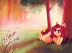 Size: 1934x1450 | Tagged: safe, artist:dearmary, oc, oc only, oc:crimm harmony, pegasus, pony, female, lying down, mare, scenery, smiling, solo, tree
