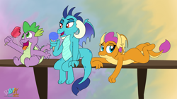 Size: 3840x2160 | Tagged: safe, artist:rupert, princess ember, smolder, spike, dragon, g4, 4k, baby, baby dragon, chubby, cute, dragon trio, drool, emberbetes, female, food, gradient background, high res, ice cream, male, popsicle, prone, signature, sitting, smolderbetes, spikabetes, stomach, teenaged dragon, winged spike, wings