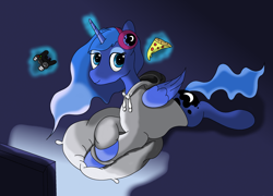 Size: 2500x1800 | Tagged: safe, princess luna, alicorn, pony, gamer luna, g4, cheese pizza, clothes, controller, dualshock controller, female, food, hoodie, looking at you, lying down, pillow, pizza, playstation 4, prone, simple background, solo