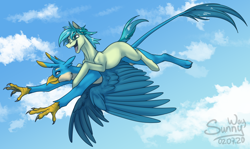 Size: 1200x714 | Tagged: source needed, useless source url, safe, artist:sunny way, gallus, sandbar, earth pony, griffon, pony, g4, claws, cloud, duo, flying, friends, general, happy, hooves, male, missing cutie mark, open mouth, patreon, patreon reward, ponies riding griffons, riding, sandbar riding gallus, size difference, sky, slender, smiling, stallion, sternocleidomastoid, thin, wings