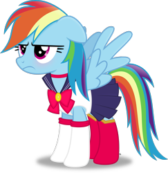 Size: 3211x3299 | Tagged: safe, artist:anime-equestria, rainbow dash, pegasus, pony, g4, blushing, boots, bow, clothes, cute, female, gloves, grumpy, grumpy dash, high res, jewelry, mare, necklace, rainbow dash is not amused, sailor moon (series), sailor uniform, shoes, simple background, skirt, solo, transparent background, unamused, uniform, vector, wings
