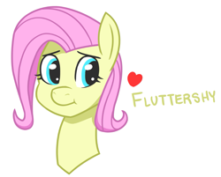 Size: 997x803 | Tagged: safe, artist:whitequartztheartist, fluttershy, pony, g4, bust, female, heart, looking at you, mare, name, portrait, simple background, smiling, solo, three quarter view, white background