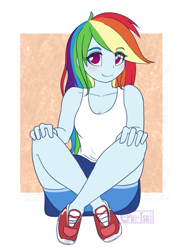 Size: 994x1351 | Tagged: safe, artist:puetsua, rainbow dash, human, equestria girls, g4, anime, blue skin, blushing, breasts, clothes, crossed legs, cute, dashabetes, eye clipping through hair, female, hands on knees, happy, long hair, multicolored hair, no pupils, no socks, patterned background, pink eyes, rainbow hair, shoes, shorts, sitting, sitting on floor, small breasts, smiling, sneakers, solo, sporty style, tank top, watermark