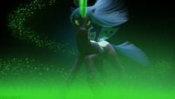 Size: 3840x2160 | Tagged: safe, artist:radiomann01, queen chrysalis, changeling, changeling queen, g4, 3d, blender, fangs, female, glowing, glowing horn, high res, horn, insect wings, magic, magic aura, missing accessory, motion blur, open mouth, render, simple background, solo, transparent wings, wind, windswept mane, wings