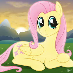 Size: 2048x2048 | Tagged: safe, artist:whitequartztheartist, fluttershy, pegasus, pony, g4, female, folded wings, high res, looking at you, mare, mountain, outdoors, prone, solo, speedpaint available, sunrise, sunset, wings