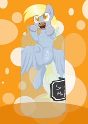 Size: 1024x1449 | Tagged: safe, artist:mimicproductions, derpy hooves, pegasus, pony, g4, colored pupils, cute, derpabetes, female, food, jar, mare, mouth hold, muffin, orange background, pony in a bottle, simple background, solo