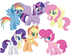 Size: 1024x804 | Tagged: safe, artist:emeraldblast63, applejack, fluttershy, pinkie pie, rainbow dash, rarity, twilight sparkle, alicorn, pony, g4, g4.5, my little pony: pony life, female, g4.5 to g4, mane six, mare, redesign, simple background, transparent background, twilight sparkle (alicorn)