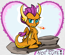 Size: 1416x1210 | Tagged: safe, artist:sallycars, smolder, dragon, g4, blatant lies, blushing, cute, denial's not just a river in egypt, dragoness, dragonfire, female, fire, fire breath, heart, i'm not cute, looking at you, rock, sitting, smolderbetes, smoldere, solo, tsundere