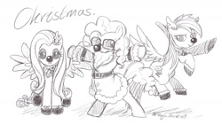 Size: 1280x720 | Tagged: safe, artist:roya, fluttershy, pinkie pie, rainbow dash, g4, animal costume, beard, christmas, clothes, costume, facial hair, glasses, holiday, pencil drawing, reindeer costume, santa costume, traditional art