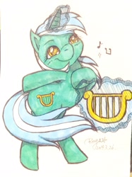 Size: 1532x2048 | Tagged: safe, artist:roya, lyra heartstrings, pony, unicorn, g4, female, lyre, magic, marker drawing, musical instrument, playing instrument, solo, traditional art