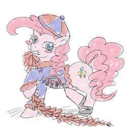 Size: 1000x1000 | Tagged: safe, artist:roya, pinkie pie, earth pony, pony, g4, blushing, chinese new year, clothes, digital art, female, fireworks, hat, mare, shoes, simple background, sketch, solo, white background