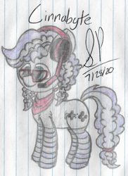 Size: 1588x2184 | Tagged: safe, artist:solder point, oc, oc only, oc:cinnabyte, earth pony, pony, bandana, cinnabetes, clothes, colored, cute, female, glasses, happy, headphones, headset, leg fluff, mare, pigtails, signature, smiling, socks, solo, standing, striped socks, traditional art
