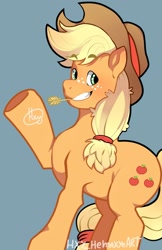 Size: 1243x1920 | Tagged: safe, artist:hxy-hemaxye-art, applejack, earth pony, pony, g4, blue background, female, looking at you, mare, simple background, smiling, solo, straw in mouth
