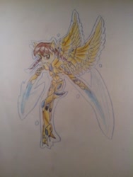 Size: 640x853 | Tagged: safe, artist:kiwwsplash, oc, oc only, pegasus, anthro, armor, flying, pegasus oc, solo, sword, traditional art, weapon, wings