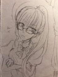 Size: 1536x2048 | Tagged: dead source, safe, artist:raimugi____, sci-twi, twilight sparkle, equestria girls, g4, glasses, pencil drawing, ponytail, sketch, tongue out, traditional art