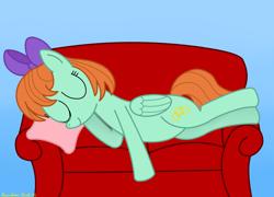 Size: 4032x2902 | Tagged: safe, artist:rainbowšpekgs, peppermint goldylinks, pegasus, pony, g4, commission, couch, eyes closed, female, friendship student, lying, simple background, sleeping, solo, wings