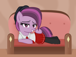 Size: 3452x2562 | Tagged: safe, artist:chomakony, oc, oc only, oc:ruby geminis, earth pony, pony, bedroom eyes, clothes, couch, earth pony oc, female, hat, high res, hoof on hip, lidded eyes, looking at you, lying down, mare, show accurate, skirt, smiling, socks, solo