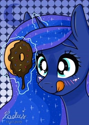 Size: 4133x5787 | Tagged: safe, artist:madkadd, princess luna, alicorn, pony, g4, absurd resolution, blushing, bust, cute, donut, ethereal mane, eyebrows, eyes on the prize, female, food, glowing horn, horn, hungry, licking, licking lips, lunabetes, magic, mare, polka dot background, signature, simple background, solo, starry mane, telekinesis, tongue out