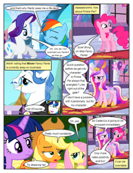 Size: 612x792 | Tagged: safe, artist:newbiespud, edit, edited screencap, screencap, applejack, fancypants, fluttershy, pinkie pie, princess cadance, rainbow dash, rarity, shining armor, twilight sparkle, alicorn, earth pony, pegasus, pony, unicorn, comic:friendship is dragons, g4, balloon, comic, dialogue, eyelashes, eyes closed, female, hat, hoof shoes, looking back, male, mane six, mare, monocle, open mouth, raised hoof, screencap comic, smiling, stallion