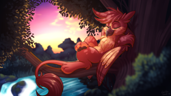 Size: 3840x2160 | Tagged: safe, artist:sugaryviolet, oc, oc only, oc:fynnegan, griffon, against tree, chillaxing, cute, eyes closed, griffon oc, handsome, high res, male, river, scenery, signature, smiling, solo, tree, tree branch, waterfall
