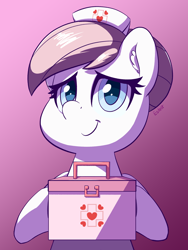 Size: 1500x2000 | Tagged: safe, artist:esfelt, nurse redheart, earth pony, pony, g4, cute, ear fluff, female, hat, heartabetes, looking at you, mare, medkit, nurse hat, pink background, signature, simple background, smiling, solo