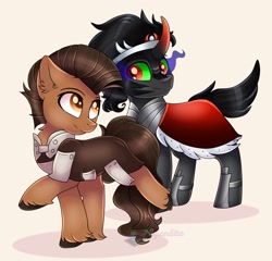 Size: 2546x2448 | Tagged: safe, artist:2pandita, king sombra, oc, pony, g4, brown eyes, brown mane, clothes, eye contact, high res, looking at each other, male, raised hoof, smiling, stallion, unshorn fetlocks