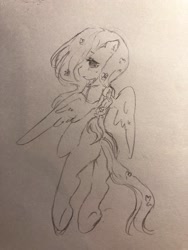 Size: 1536x2048 | Tagged: dead source, safe, artist:raimugi____, fluttershy, pegasus, pony, semi-anthro, g4, alternate hairstyle, blushing, butt, female, floating, flying, from behind, looking back, pencil drawing, plot, sketch, solo, traditional art, underhoof