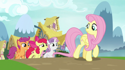 Size: 1920x1080 | Tagged: safe, screencap, apple bloom, fluttershy, scootaloo, sweetie belle, g4, growing up is hard to do, cutie mark, cutie mark crusaders, the cmc's cutie marks