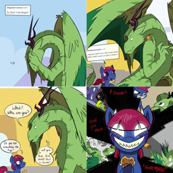 Size: 2562x2562 | Tagged: safe, artist:professor-ponyarity, oc, oc:degama, oc:rye, dragon, earth pony, pony, tumblr:ask rye dimar dragon, comic, cupcake, female, food, glowing eyes, high res, mare