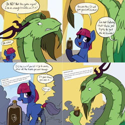 Size: 2562x2562 | Tagged: safe, artist:professor-ponyarity, oc, oc:degama, oc:rye, dragon, earth pony, pony, tumblr:ask rye dimar dragon, bottle, butt, comic, female, high res, mare, plot