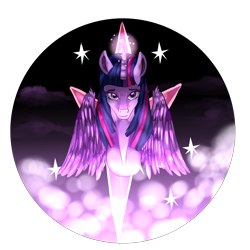 Size: 3000x3000 | Tagged: safe, artist:sakimiaji, twilight sparkle, alicorn, pony, g4, bust, cutie mark background, female, glowing horn, high res, horn, mare, portrait, smiling, solo, spread wings, twilight sparkle (alicorn), wings