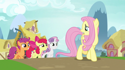 Size: 1920x1080 | Tagged: safe, screencap, apple bloom, fluttershy, scootaloo, sweetie belle, g4, growing up is hard to do, cutie mark, cutie mark crusaders, the cmc's cutie marks