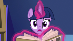 Size: 1920x1080 | Tagged: safe, screencap, twilight sparkle, alicorn, pony, g4, growing up is hard to do, book, female, glowing horn, horn, magic, mare, open mouth, solo, telekinesis, twilight sparkle (alicorn)