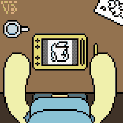 Size: 320x320 | Tagged: safe, artist:vohd, oc, oc only, oc:vohd, earth pony, pony, animated, cup, drawing, frame by frame, hat, pixel art, sitting, solo, table, tablet