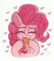 Size: 512x578 | Tagged: safe, artist:pink-pone, pinkie pie, g4, blushing, chest fluff, cute, diapinkes, eating, eyes closed, floating heart, food, heart, muffin, simple background, white background