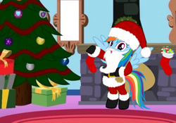 Size: 1024x716 | Tagged: artist needed, safe, rainbow dash, pegasus, pony, g4, bipedal, boots, chimney, christmas, christmas stocking, christmas tree, clothes, costume, fake beard, female, fireplace, hat, holiday, looking at you, mare, present, raised hoof, sack, santa claus, santa costume, santa hat, shoes, solo, tree, wings