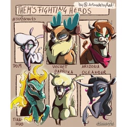 Size: 1080x1080 | Tagged: safe, artist:artmadebyred, arizona (tfh), oleander (tfh), paprika (tfh), pom (tfh), tianhuo (tfh), velvet (tfh), alpaca, classical unicorn, cow, deer, dragon, hybrid, lamb, longma, pony, reindeer, sheep, unicorn, them's fightin' herds, antlers, bust, cloven hooves, community related, curved horn, eyelashes, female, fightin' six, frown, horn, leonine tail, mane of fire, neckerchief, open mouth, signature, six fanarts, smiling, unshorn fetlocks