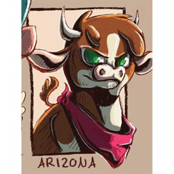 Size: 1080x1080 | Tagged: safe, alternate version, artist:artmadebyred, arizona (tfh), cow, them's fightin' herds, bust, community related, female, horns, neckerchief, open mouth, smiling, solo