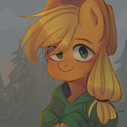 Size: 4000x4000 | Tagged: safe, artist:qutiiex, applejack, earth pony, pony, g4, absurd resolution, applejack's hat, clothes, cowboy hat, cute, eye clipping through hair, female, forest, hat, hoodie, jackabetes, looking at you, mare, smiling, solo, tree