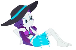 Size: 668x438 | Tagged: safe, artist:marcorulezzz, edit, editor:thomasfan45, vector edit, rarity, human, equestria girls, equestria girls series, forgotten friendship, g4, bare arms, barefoot, belly button, bikini, clothes, cute, feet, female, geode of shielding, hat, legs, looking sideways, magical geodes, midriff, rarity's blue sarong, rarity's purple bikini, sarong, simple background, sitting, solo, sun hat, swimsuit, vector, white background