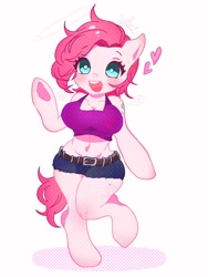 Size: 768x1024 | Tagged: dead source, safe, artist:raimugi____, pinkie pie, anthro, g4, arm hooves, belly button, breasts, busty pinkie pie, clothes, cute, diapinkes, digital art, female, heart, midriff, shorts, smiling, solo, tail, top