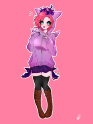 Size: 768x1024 | Tagged: dead source, safe, artist:raimugi____, pinkie pie, human, g4, anime, boots, clothes, digital art, female, hoodie, humanized, shoes, solo, stockings, thigh highs