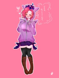 Size: 768x1024 | Tagged: dead source, safe, artist:raimugi____, pinkie pie, human, g4, boots, clothes, digital art, eyes closed, heart, hoodie, humanized, shoes, smiling, stockings, thigh highs