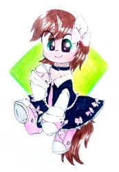 Size: 1280x1846 | Tagged: safe, artist:liaaqila, oc, oc only, oc:ryleigh, pony, unicorn, bow, clothes, collar, commission, converse, cute, dress, female, mare, necktie, ocbetes, shoes, simple background, sneakers, solo, traditional art