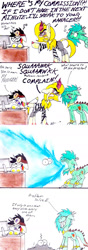 Size: 614x1744 | Tagged: safe, artist:brogararts, oc, oc:lightning bliss, alicorn, dracony, dragon, hybrid, kirin, pony, unicorn, ash, cartoon physics, comic, computer, female, fire, fire breath, implied racism, incineration, karen, karins, mare, sharp teeth, speak to the manager, teeth, this ended in fire